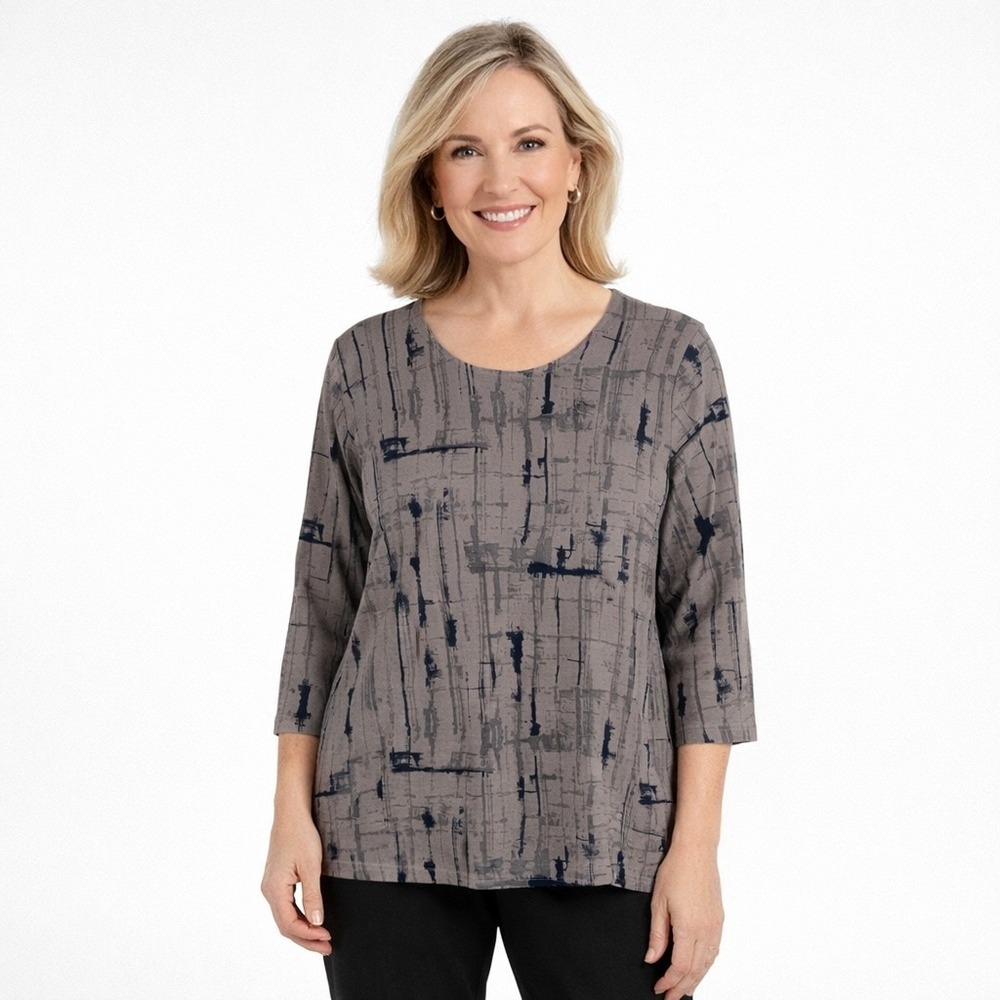 Sympli 3/4 Sleeve Tunic Top Womens 8 Geometric Abstract Stretch Neutral Classic